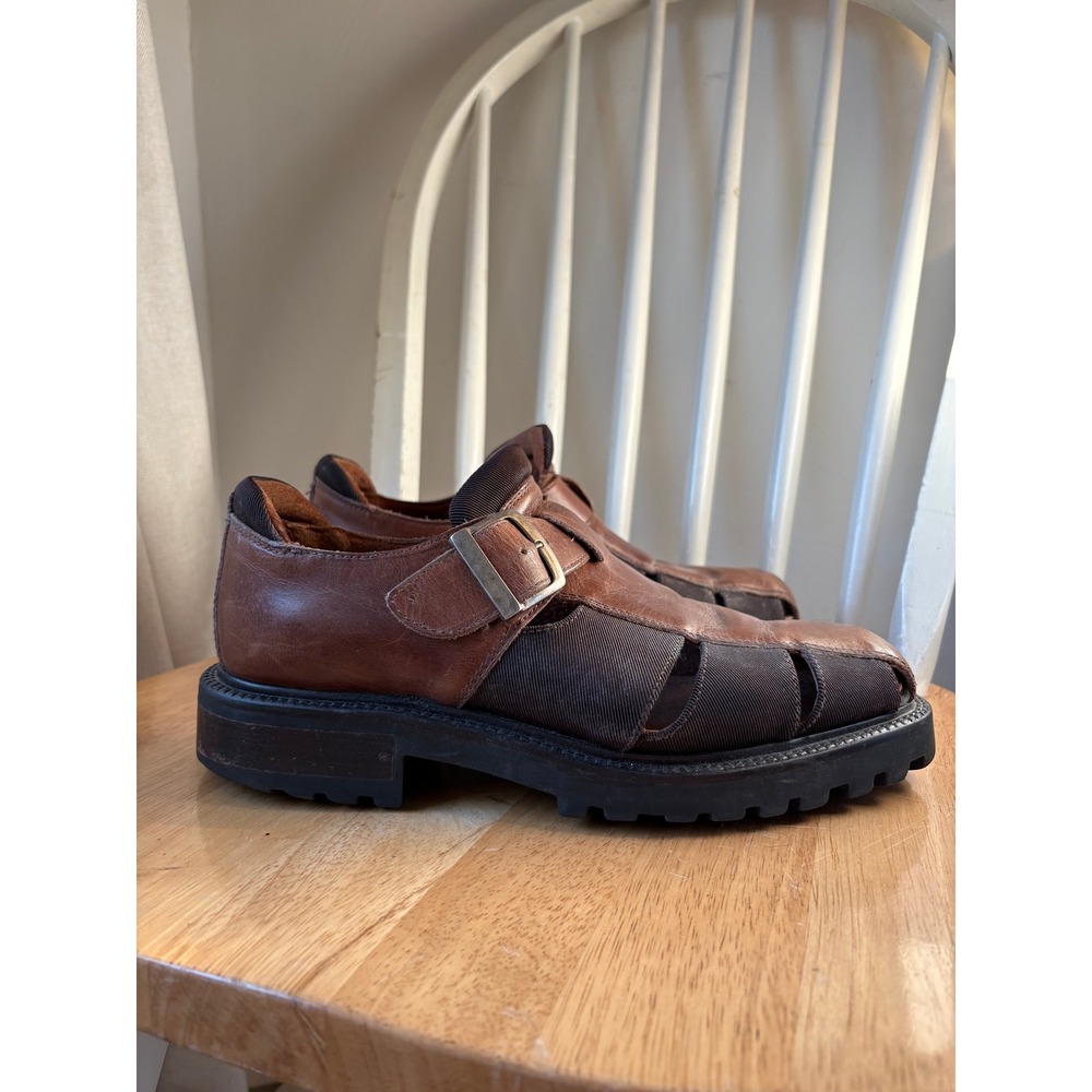 Vintage 90s Kenneth Cole Mens Fisherman Sandals 8.5 Brown Leather Chunky Y2K